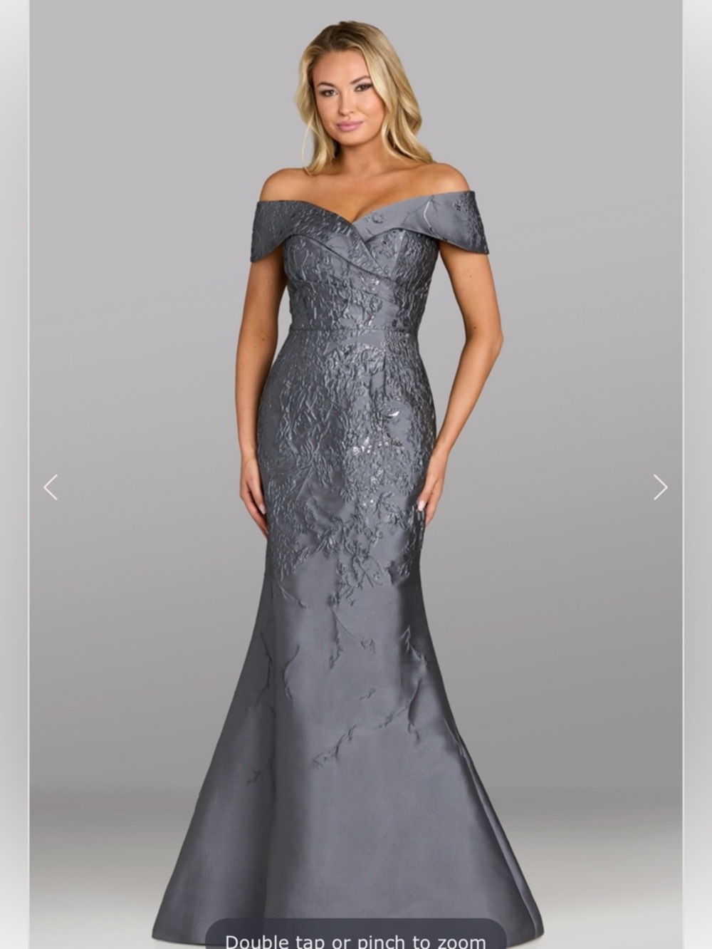 Feriani Couture Off-Shoulder Embroidered Fit and Flare Gown in Slate Gray